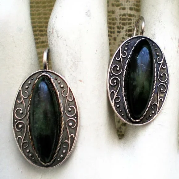 LARGE Antique Vintage Russian USSR Silver 875 Nephrite Jade Dangle Drop Earrings